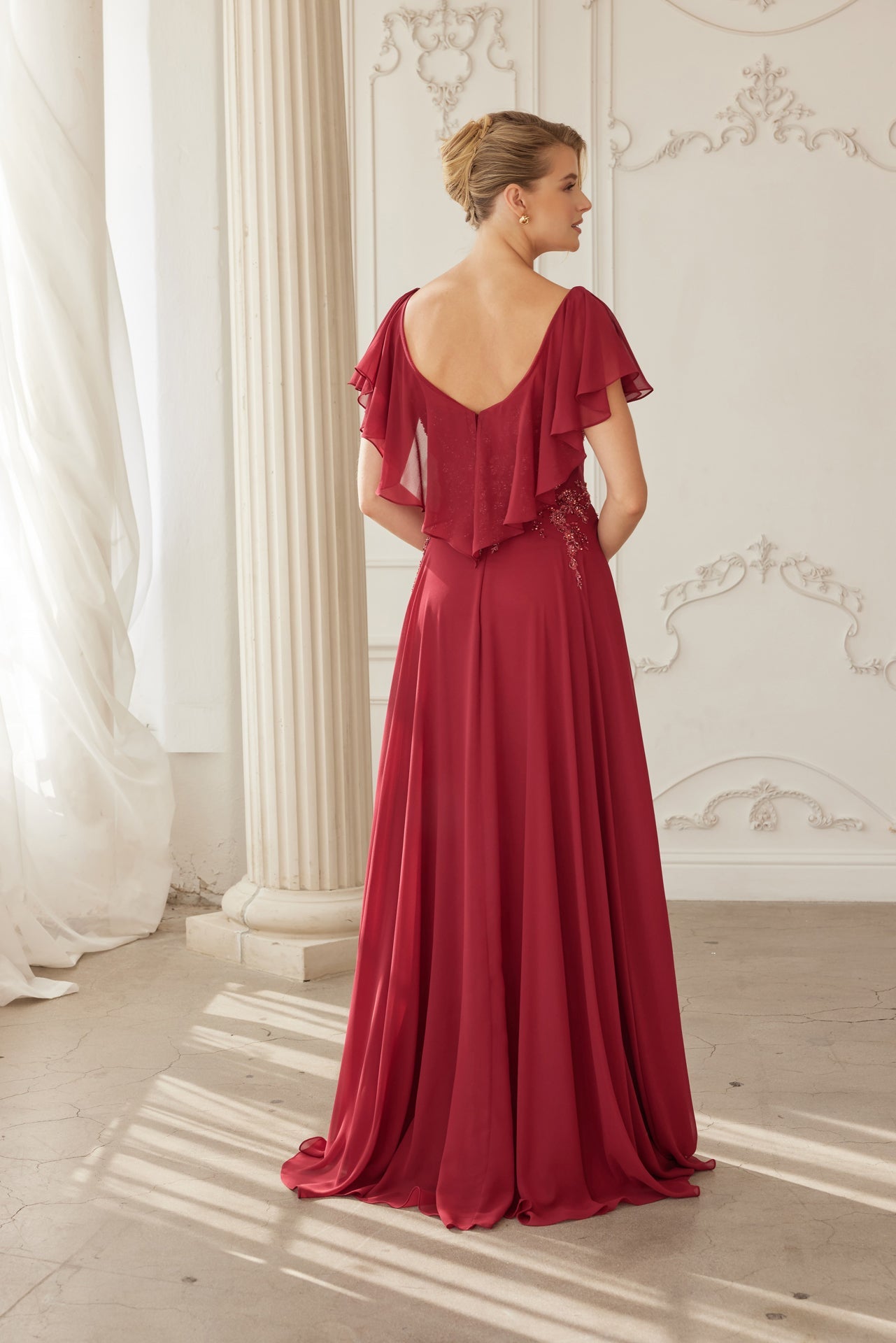 MJ132-Draped Sleeves Chiffon Mother Of The Bride Dress