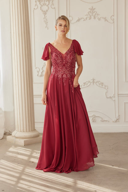 MJ132-Draped Sleeves Chiffon Mother Of The Bride Dress