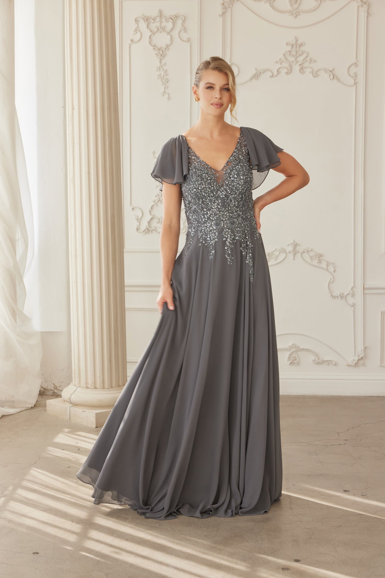 MJ132-Draped Sleeves Chiffon Mother Of The Bride Dress