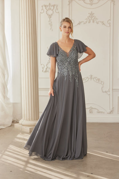 MJ132-Draped Sleeves Chiffon Mother Of The Bride Dress