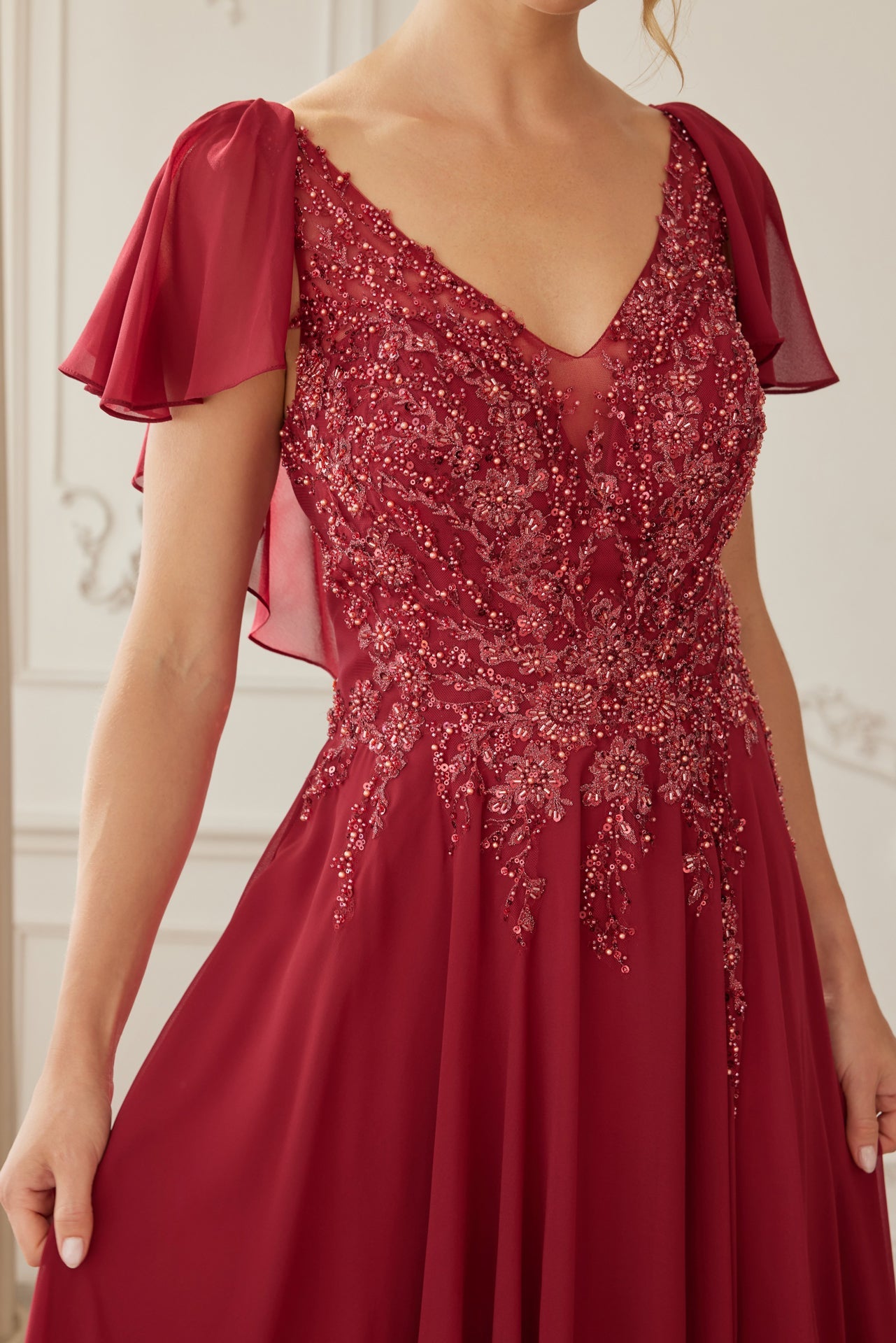 MJ132-Draped Sleeves Chiffon Mother Of The Bride Dress
