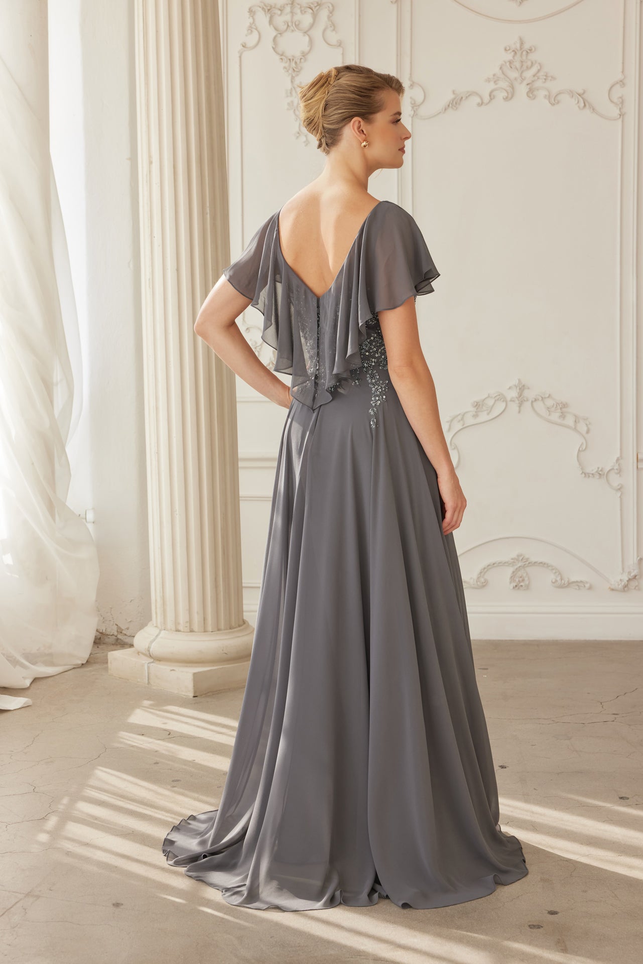 MJ132-Draped Sleeves Chiffon Mother Of The Bride Dress
