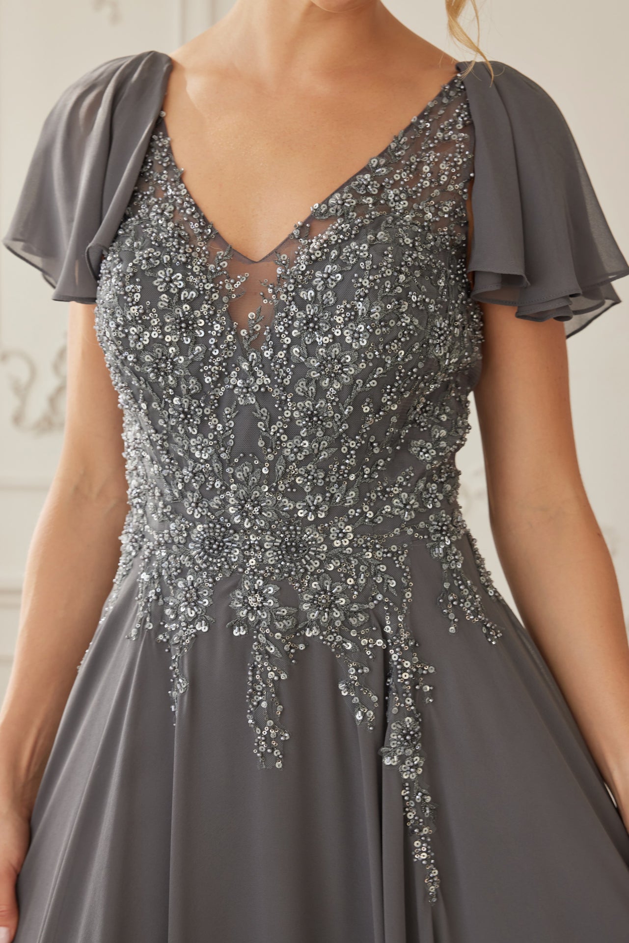 MJ132-Draped Sleeves Chiffon Mother Of The Bride Dress