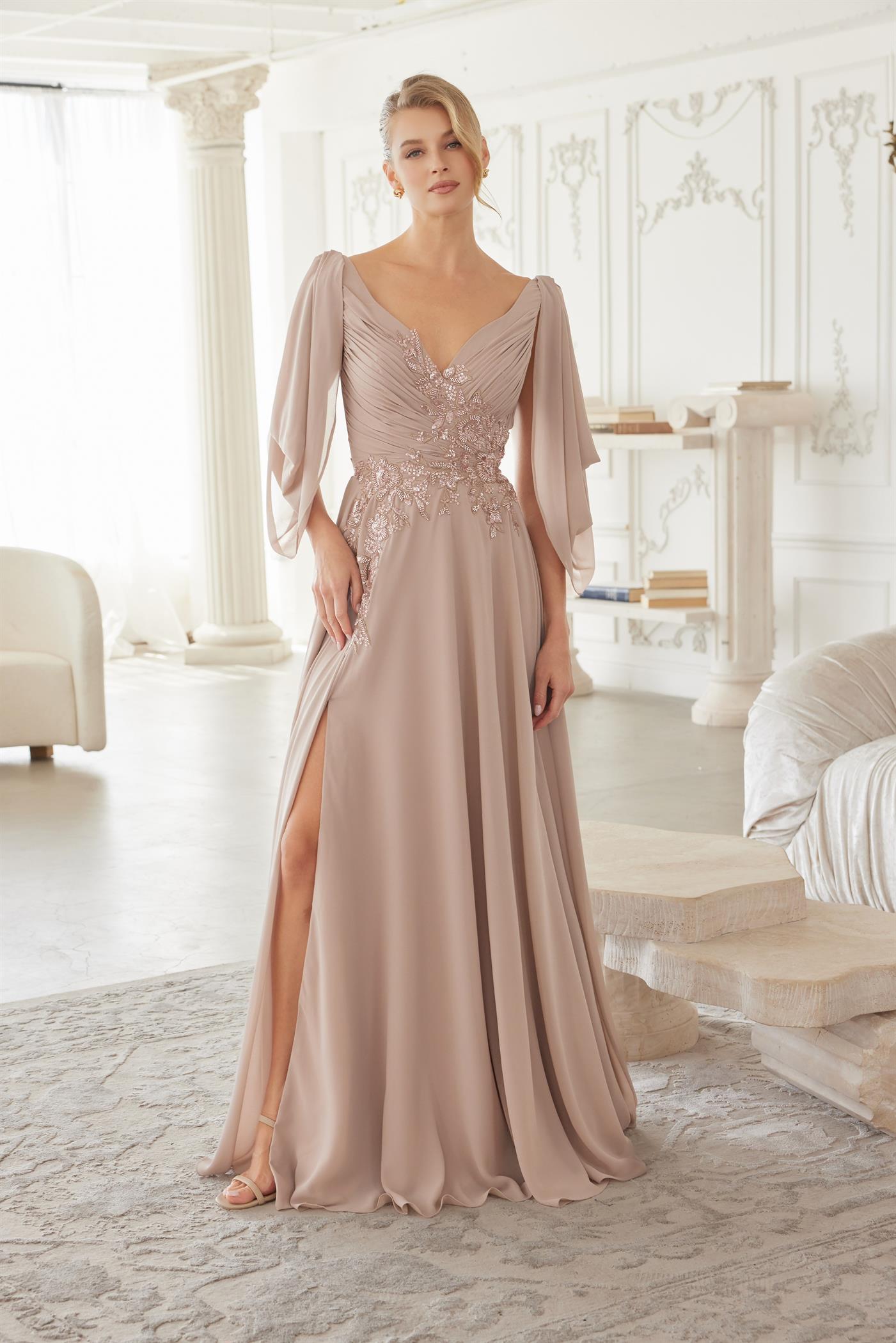 ME151 V Neckline Long Sleeves Chiffon Embroidery