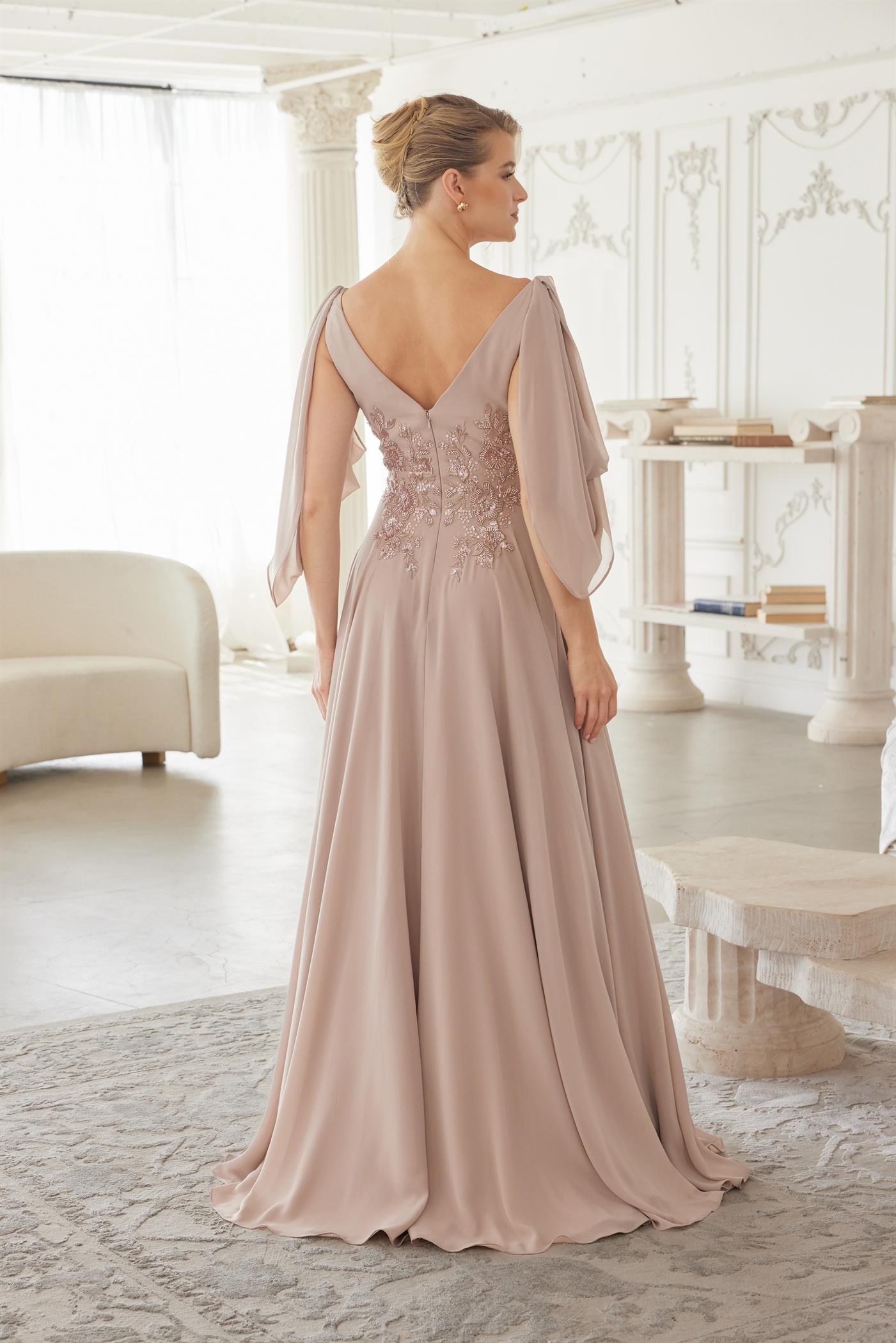 ME151 V Neckline Long Sleeves Chiffon Embroidery