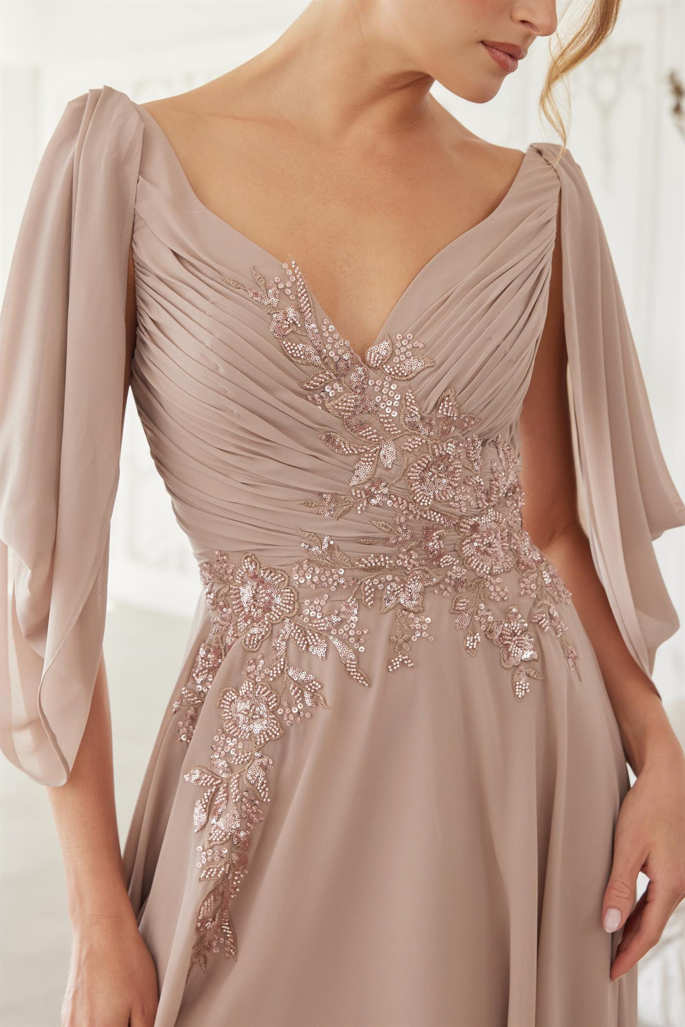 ME151 V Neckline Long Sleeves Chiffon Embroidery