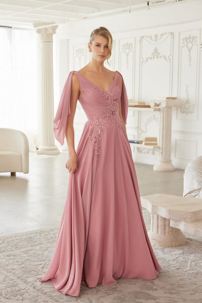 ME151 V Neckline Long Sleeves Chiffon Embroidery