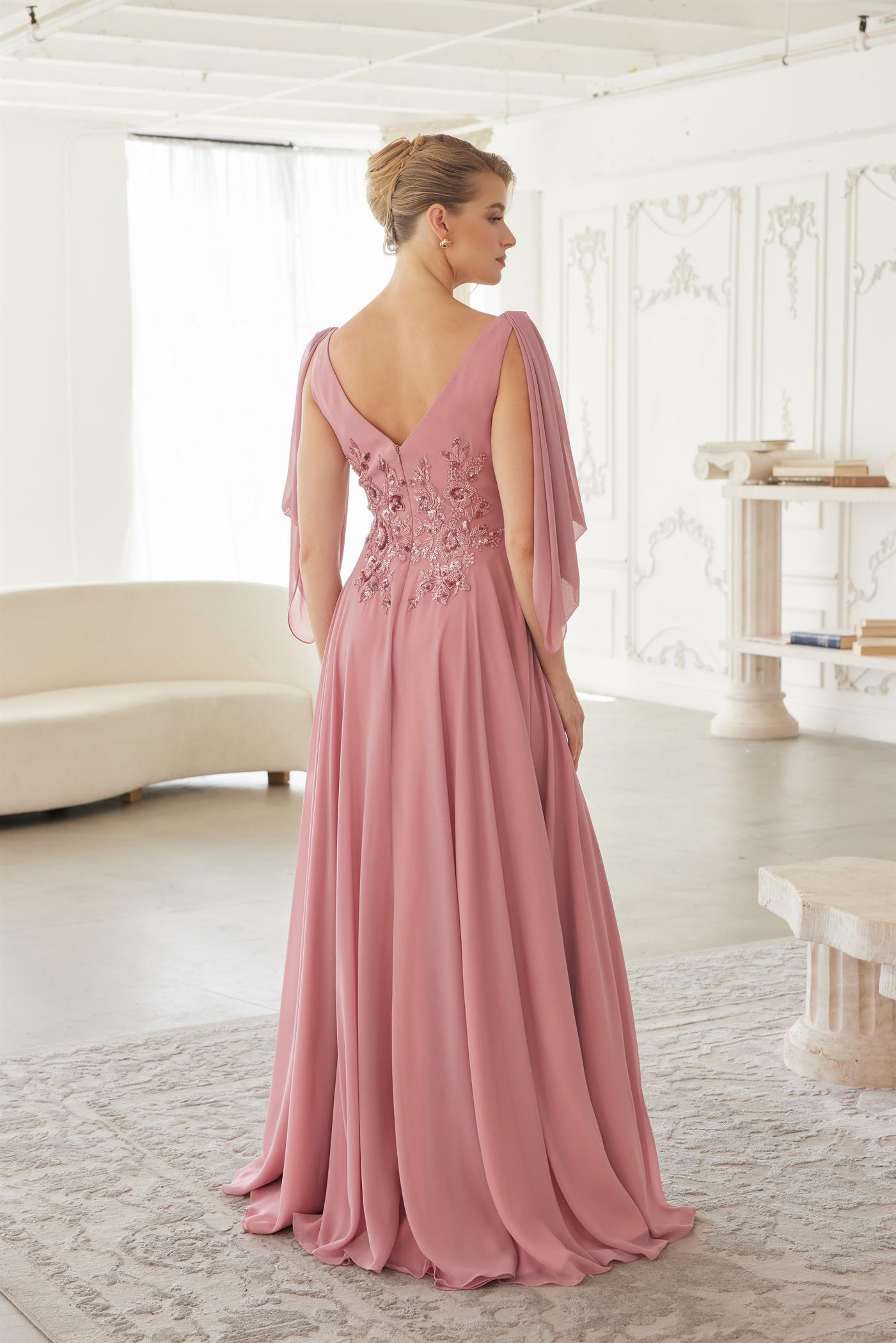 ME151 V Neckline Long Sleeves Chiffon Embroidery