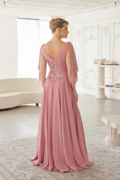 ME151 V Neckline Long Sleeves Chiffon Embroidery