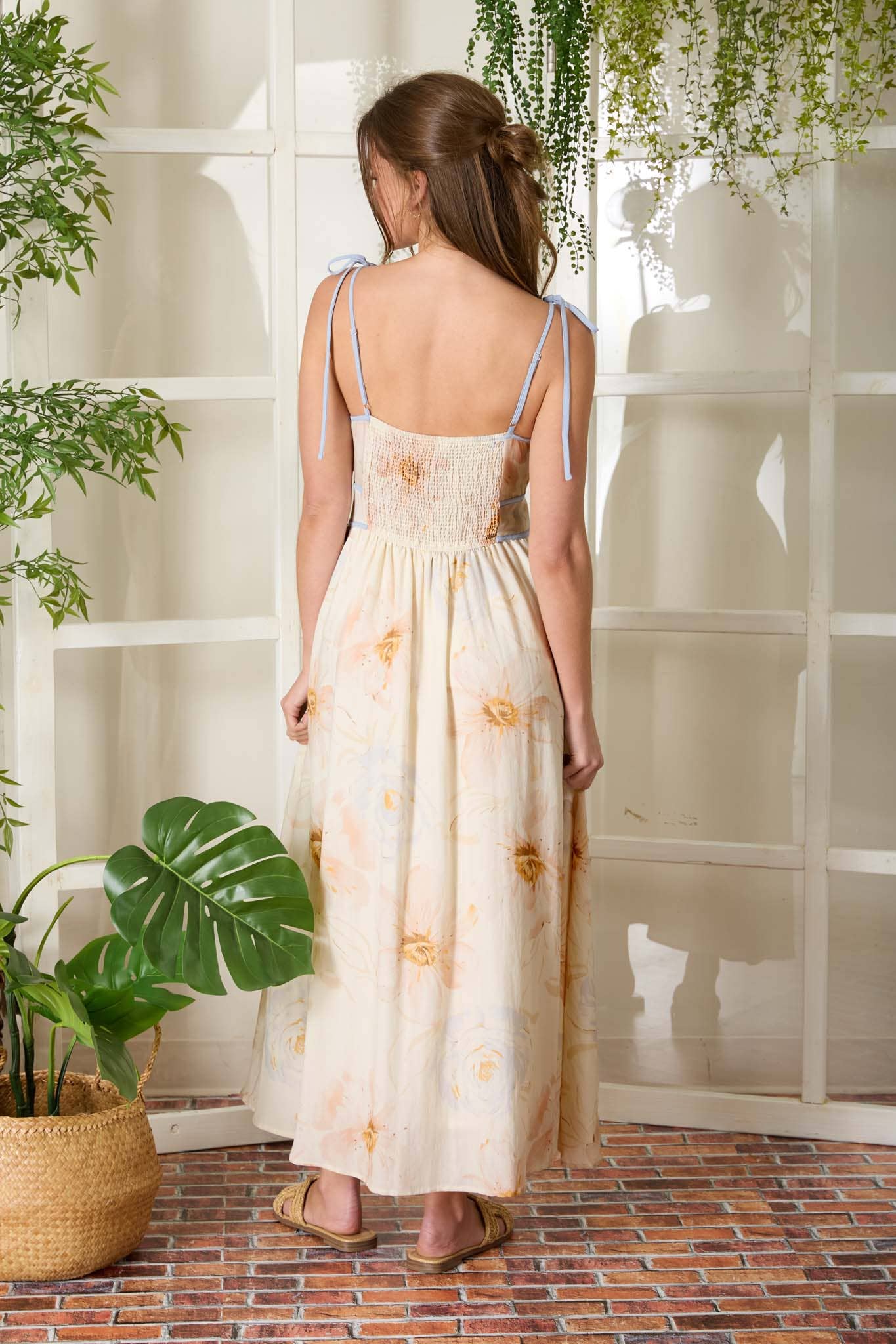 WATERCOLOR FLORAL SPAGHETTI TIE STRAP MIDI DRESS