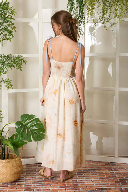 WATERCOLOR FLORAL SPAGHETTI TIE STRAP MIDI DRESS