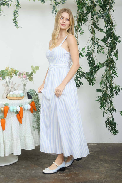 STRIPE SPAGHETTI STRAP CORSET BELTED MIDI DRESS