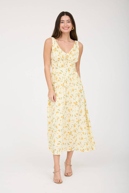 FLORAL V NECK SLEEVELESS CORSET MIDI DRESS