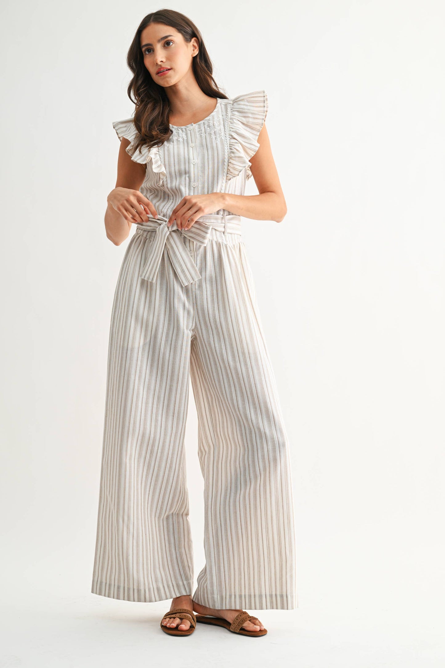CCJP26693 Striped Wide-Leg Jumpsuit Ruffled Self-Tie Belt