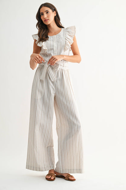 CCJP26693 Striped Wide-Leg Jumpsuit Ruffled Self-Tie Belt