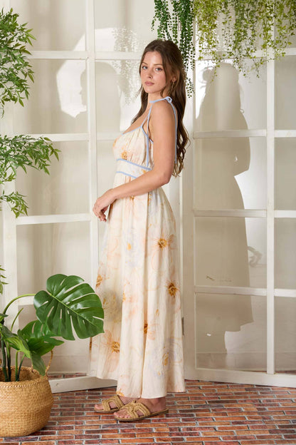 WATERCOLOR FLORAL SPAGHETTI TIE STRAP MIDI DRESS