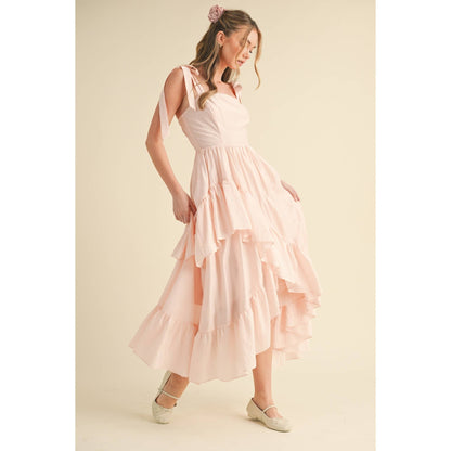 SLEEVELESS TIE-SHOULDER FLOWY RUFFLE DRESS
