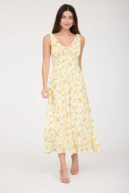 FLORAL V NECK SLEEVELESS CORSET MIDI DRESS