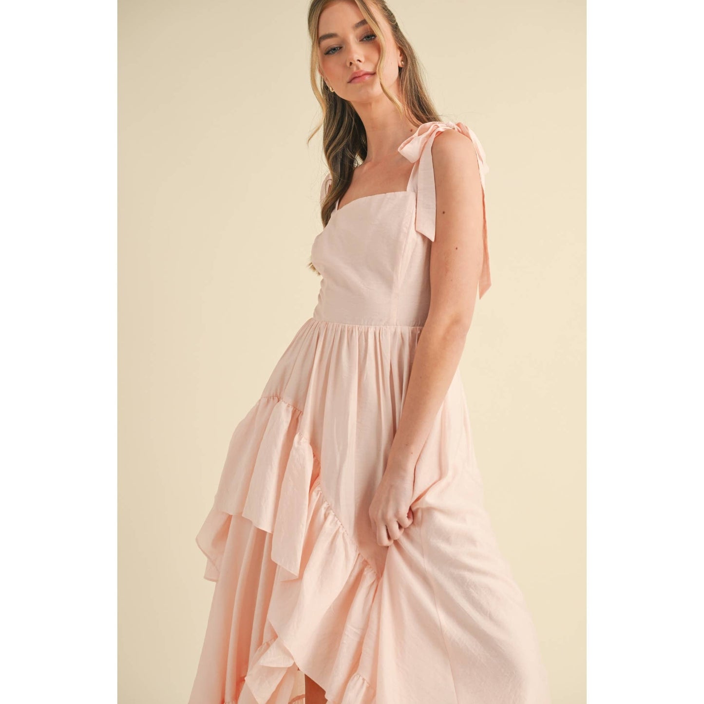SLEEVELESS TIE-SHOULDER FLOWY RUFFLE DRESS