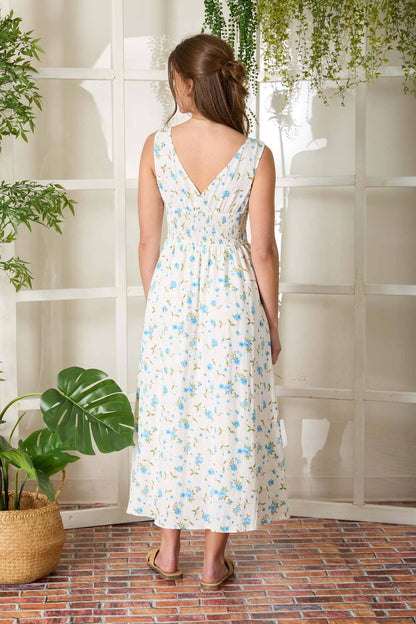 FLORAL V NECK SLEEVELESS CORSET MIDI DRESS