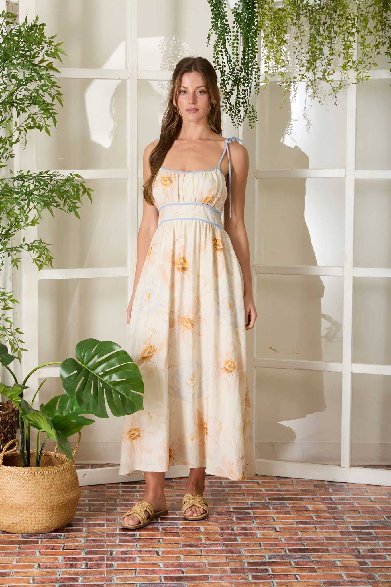 WATERCOLOR FLORAL SPAGHETTI TIE STRAP MIDI DRESS