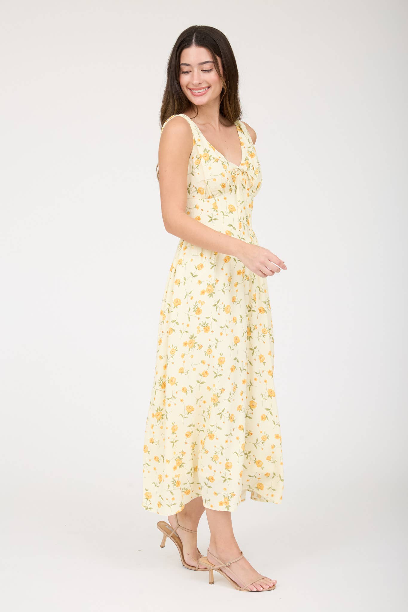 FLORAL V NECK SLEEVELESS CORSET MIDI DRESS