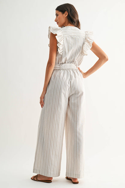 CCJP26693 Striped Wide-Leg Jumpsuit Ruffled Self-Tie Belt