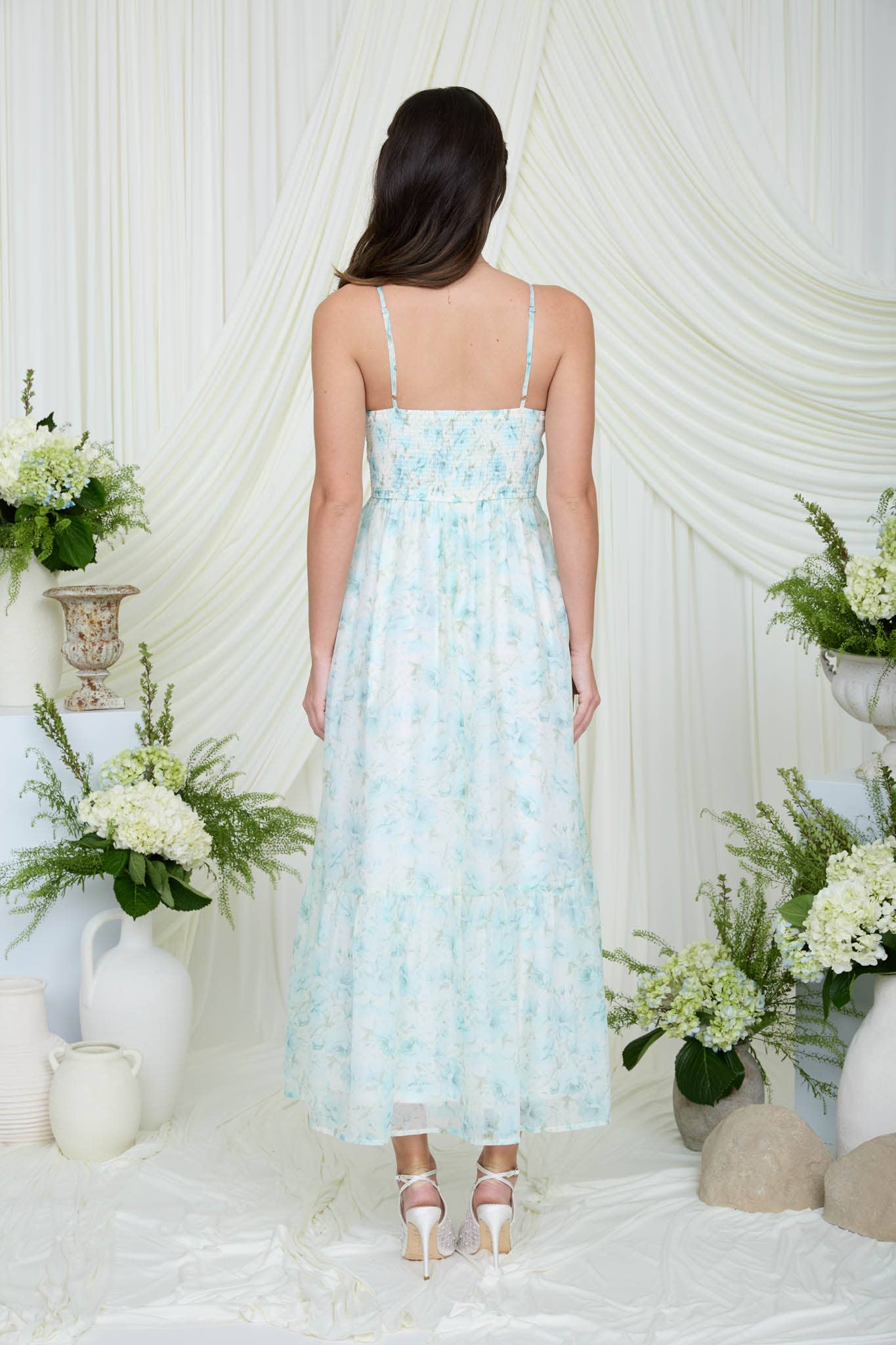 FLORAL SPAGHETTI STRAP CORSET MIDI DRESS