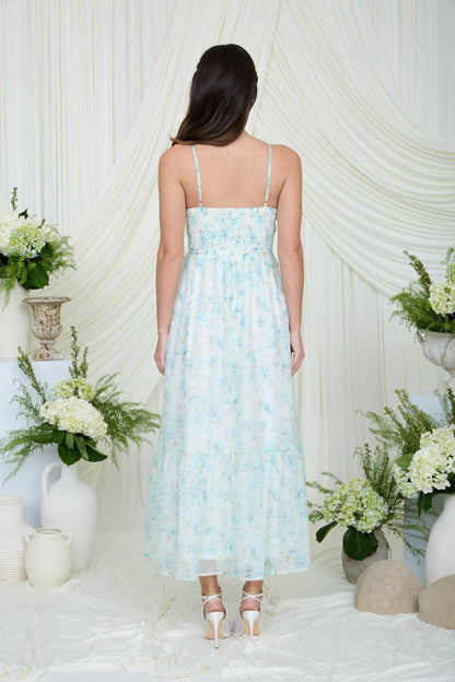 FLORAL SPAGHETTI STRAP CORSET MIDI DRESS