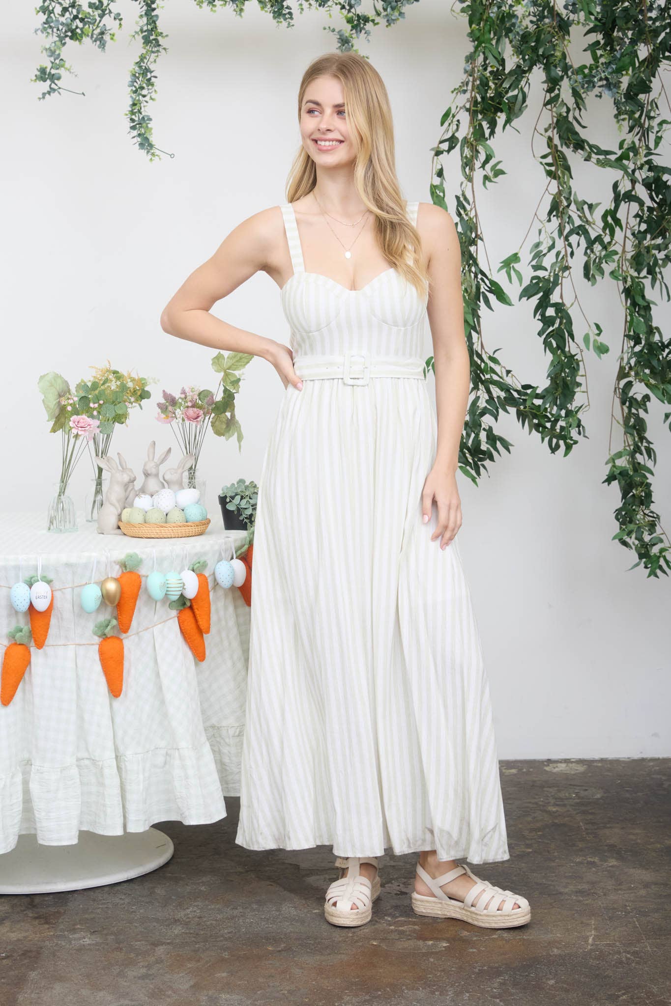 STRIPE SPAGHETTI STRAP CORSET BELTED MIDI DRESS