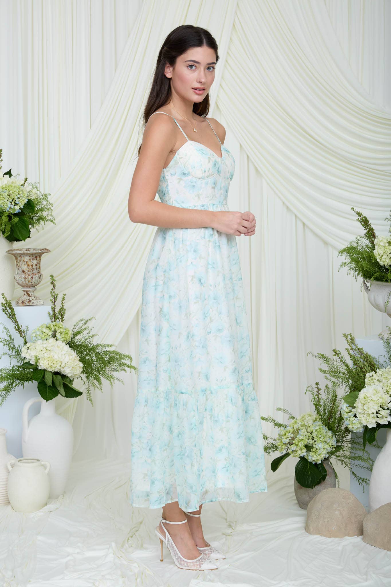 FLORAL SPAGHETTI STRAP CORSET MIDI DRESS