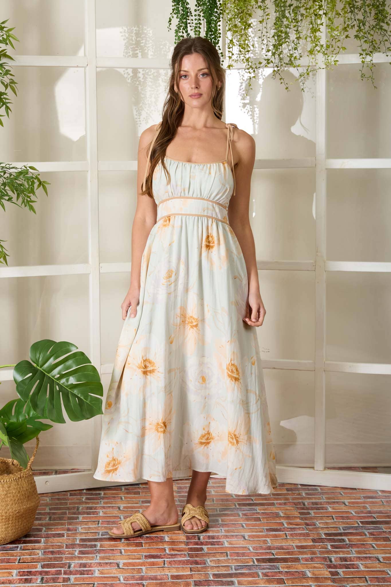 WATERCOLOR FLORAL SPAGHETTI TIE STRAP MIDI DRESS