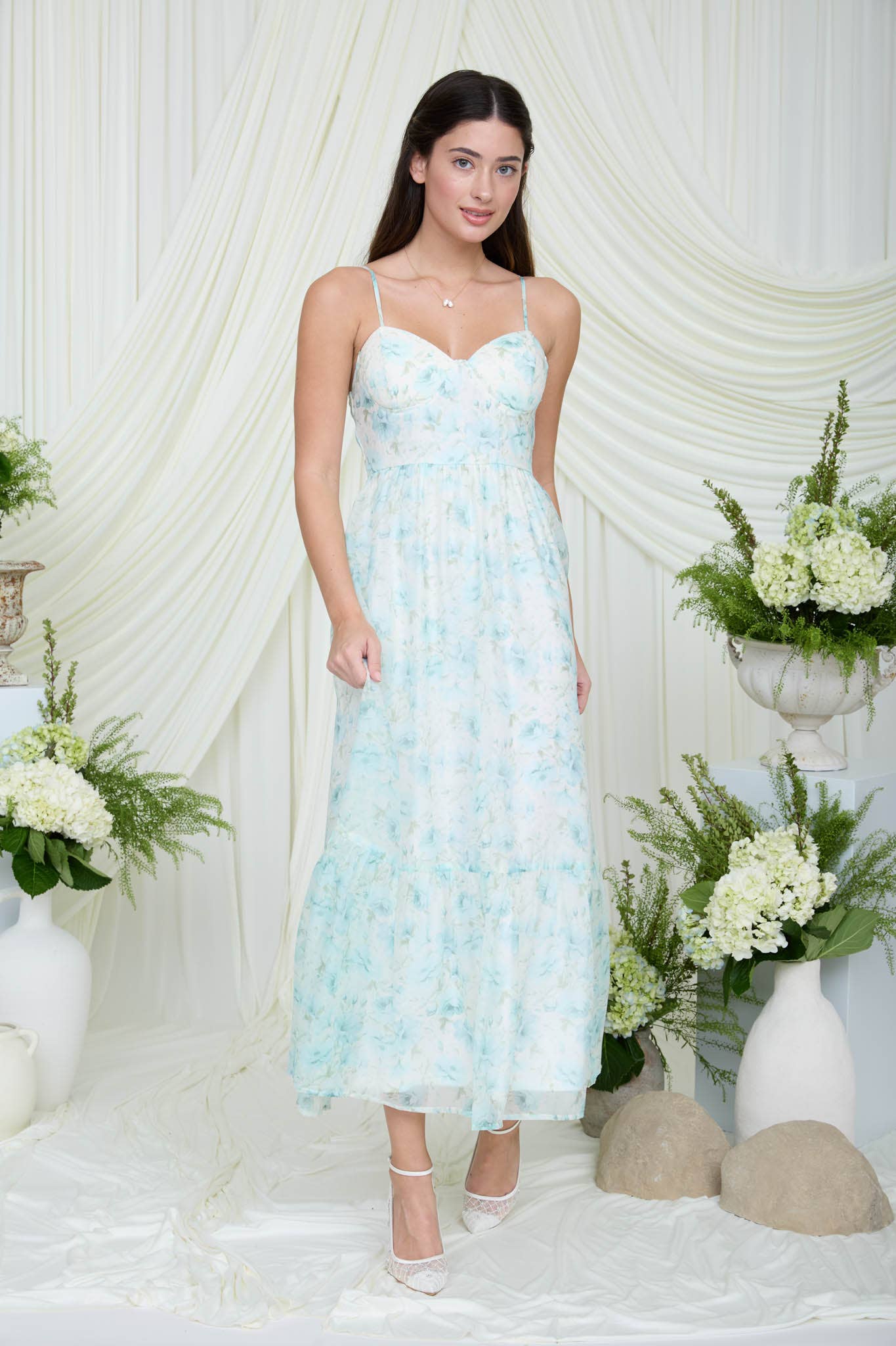 FLORAL SPAGHETTI STRAP CORSET MIDI DRESS