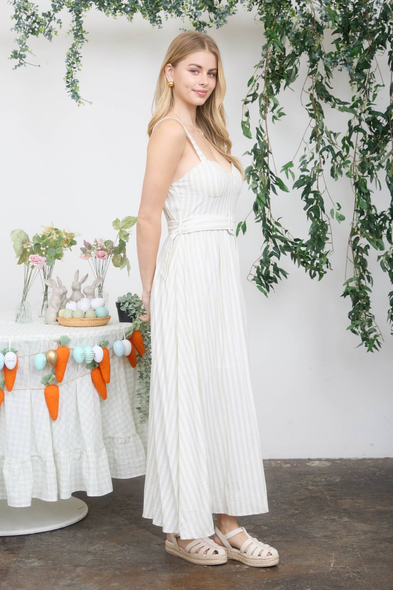 STRIPE SPAGHETTI STRAP CORSET BELTED MIDI DRESS
