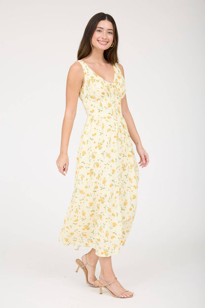 FLORAL V NECK SLEEVELESS CORSET MIDI DRESS