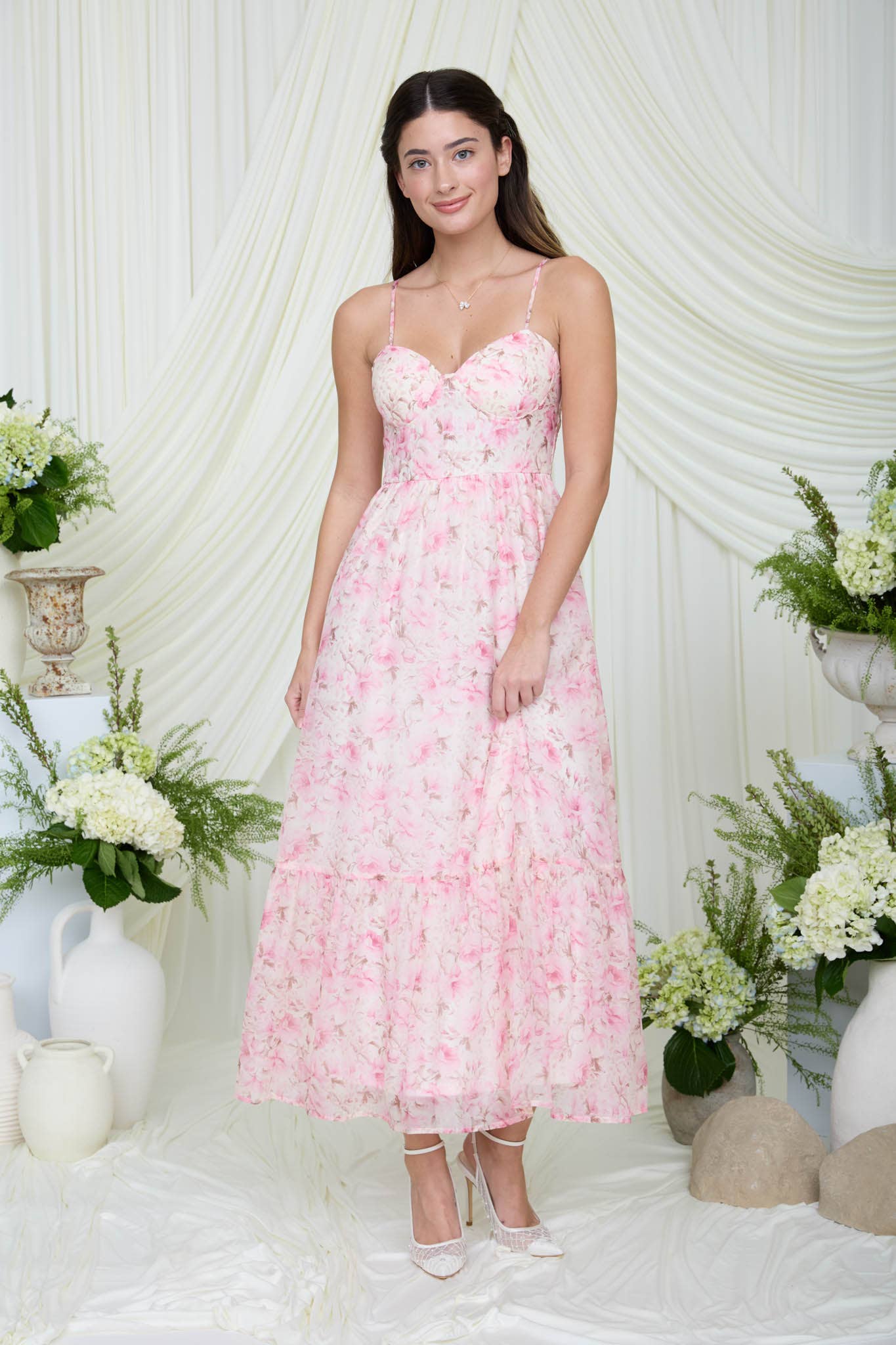 FLORAL SPAGHETTI STRAP CORSET MIDI DRESS