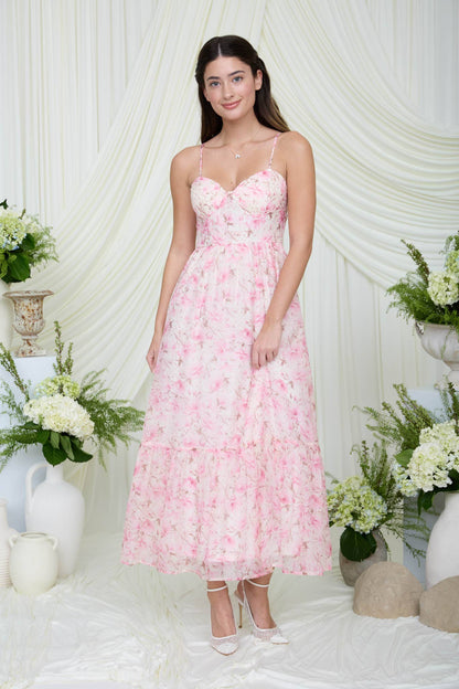 FLORAL SPAGHETTI STRAP CORSET MIDI DRESS