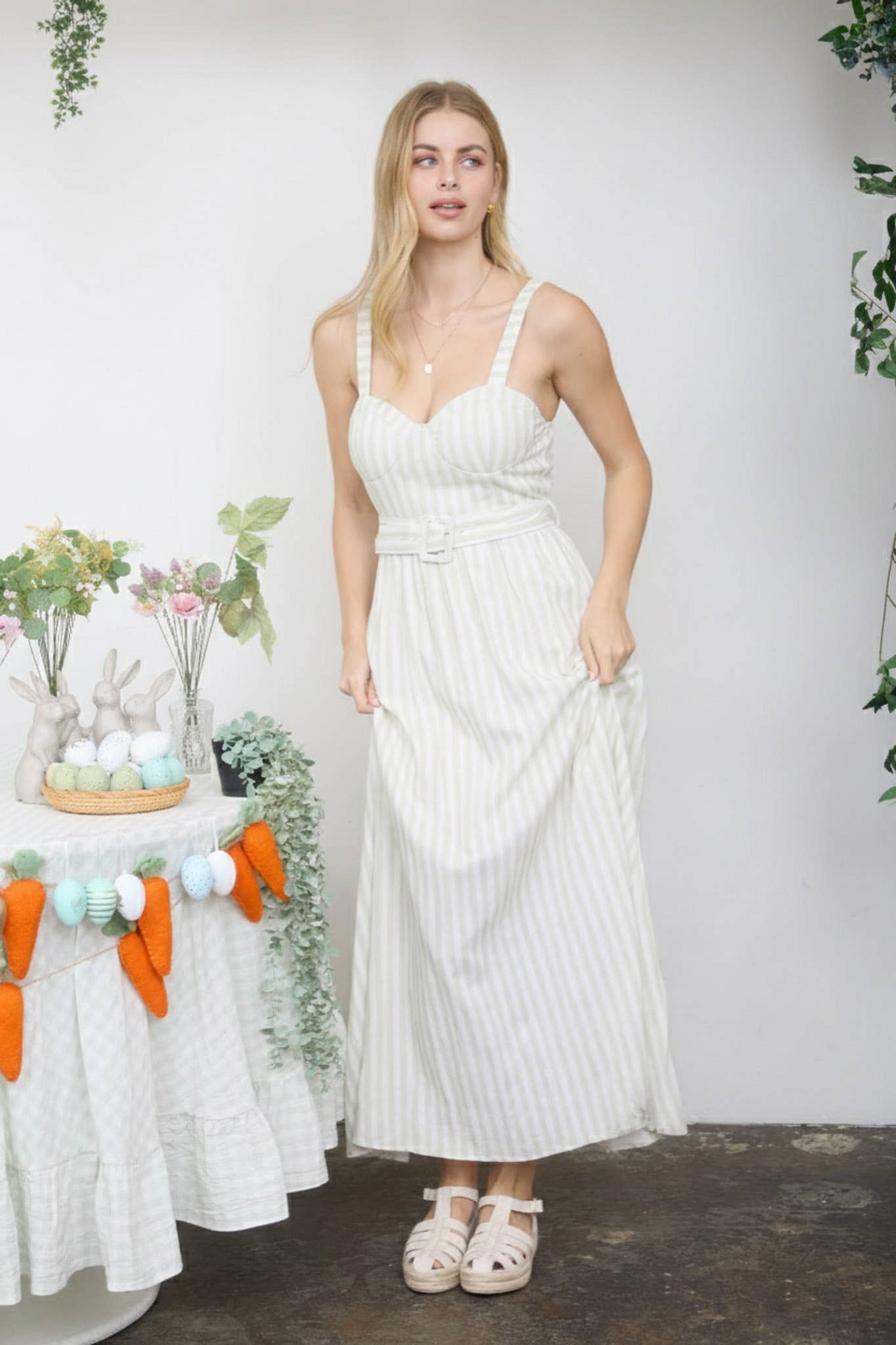 STRIPE SPAGHETTI STRAP CORSET BELTED MIDI DRESS