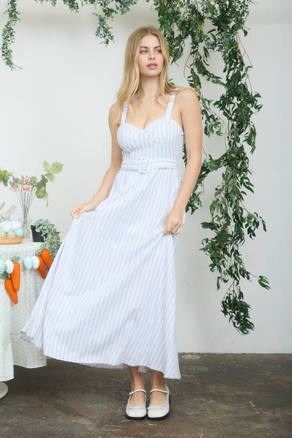 STRIPE SPAGHETTI STRAP CORSET BELTED MIDI DRESS