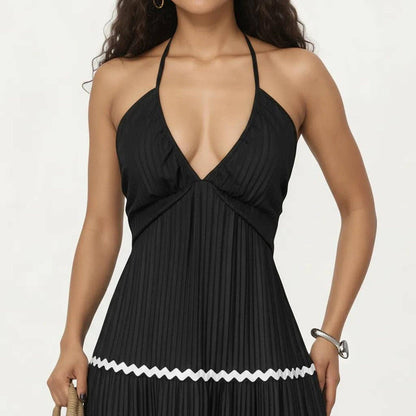 Halter Neck Maxi Dress with Pleated Skirt and Tiered Trim Detail