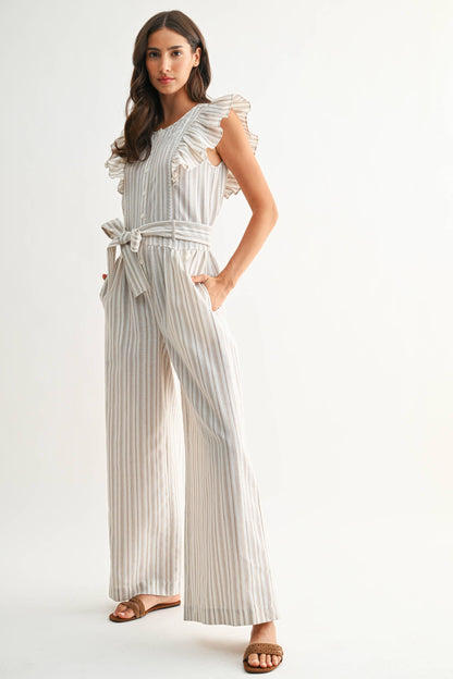 CCJP26693 Striped Wide-Leg Jumpsuit Ruffled Self-Tie Belt