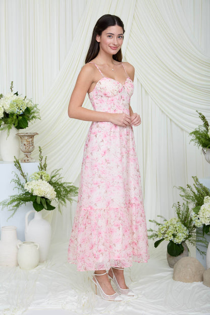 FLORAL SPAGHETTI STRAP CORSET MIDI DRESS