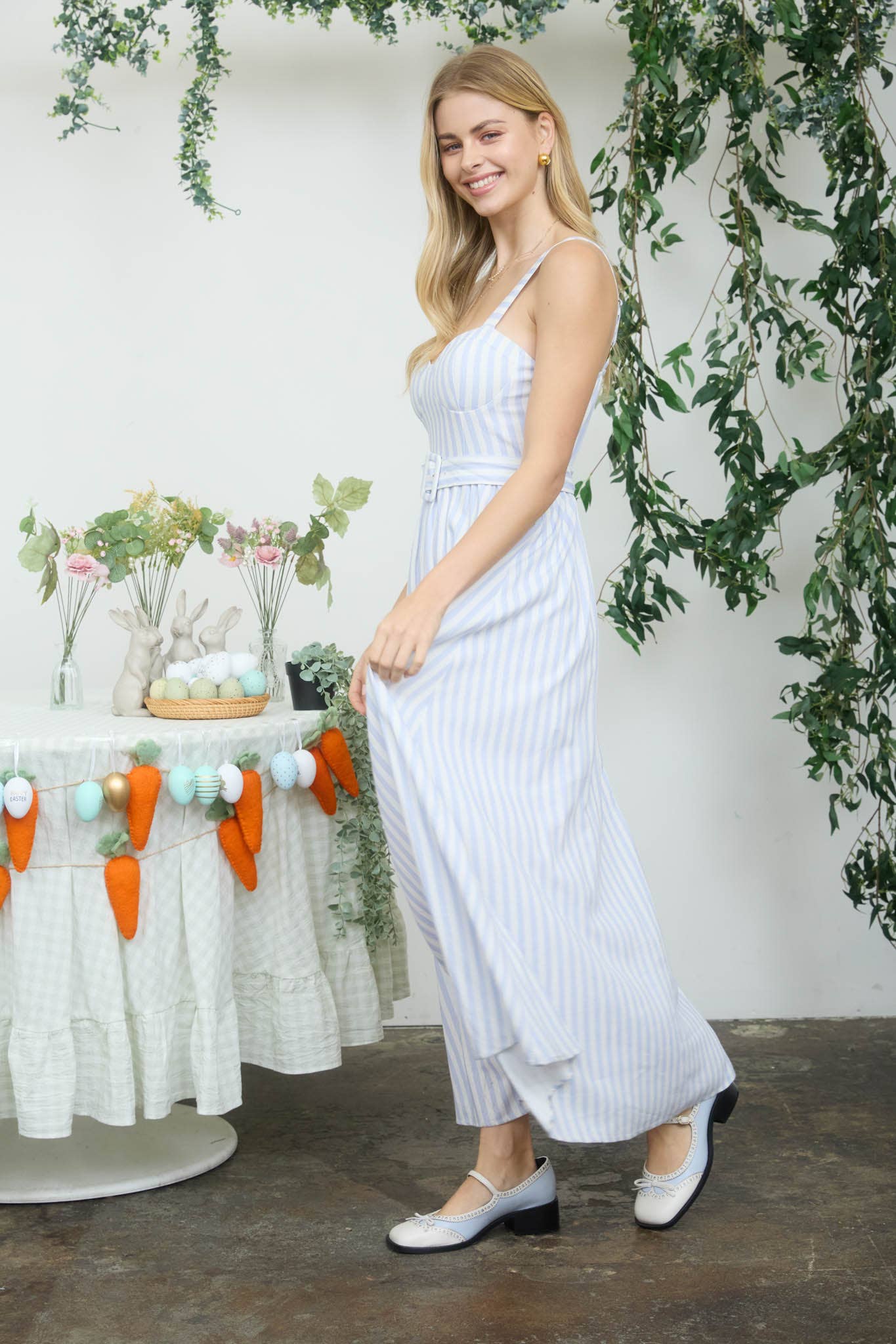 STRIPE SPAGHETTI STRAP CORSET BELTED MIDI DRESS