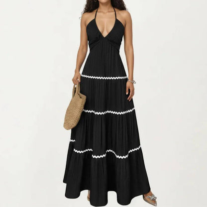 Halter Neck Maxi Dress with Pleated Skirt and Tiered Trim Detail