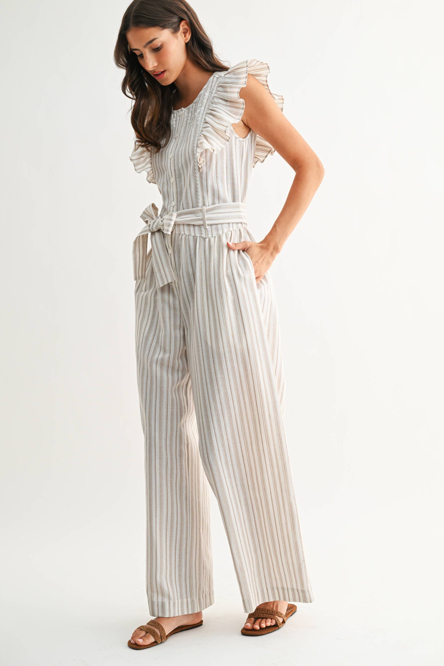 CCJP26693 Striped Wide-Leg Jumpsuit Ruffled Self-Tie Belt