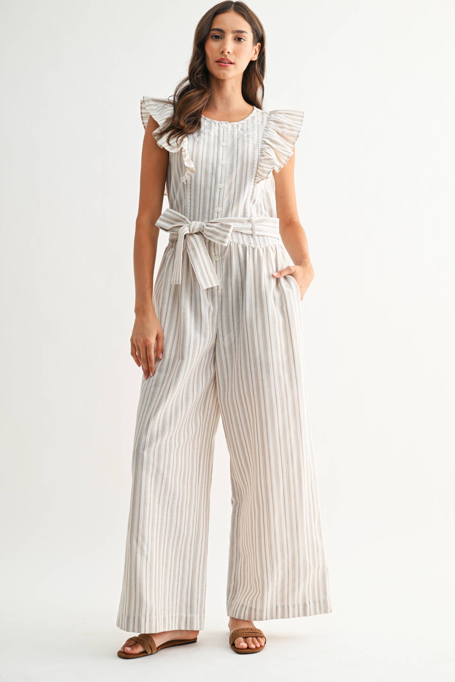CCJP26693 Striped Wide-Leg Jumpsuit Ruffled Self-Tie Belt