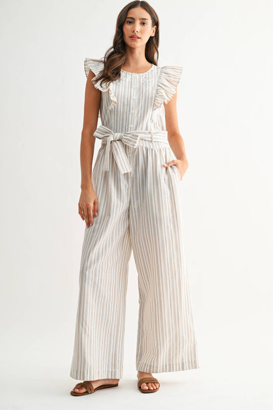 CCJP26693 Striped Wide-Leg Jumpsuit Ruffled Self-Tie Belt