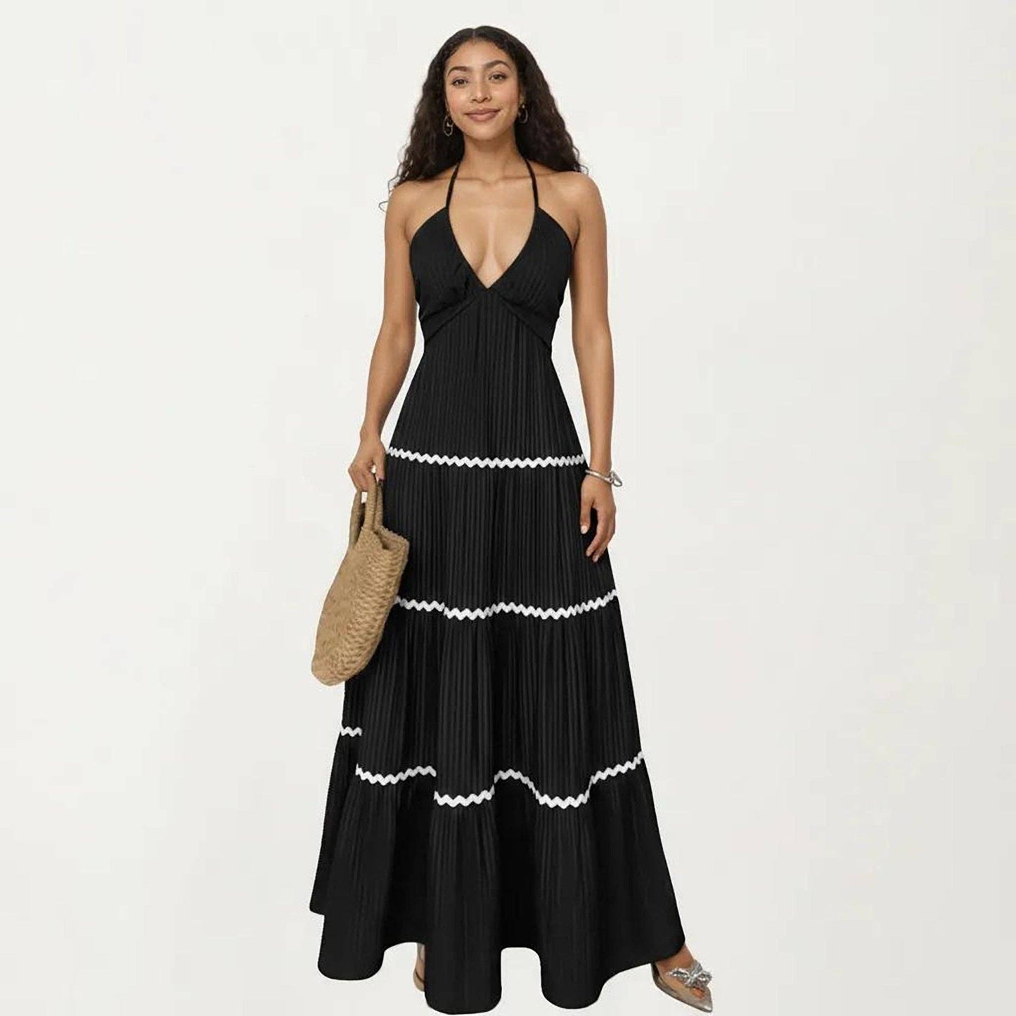 Halter Neck Maxi Dress with Pleated Skirt and Tiered Trim Detail