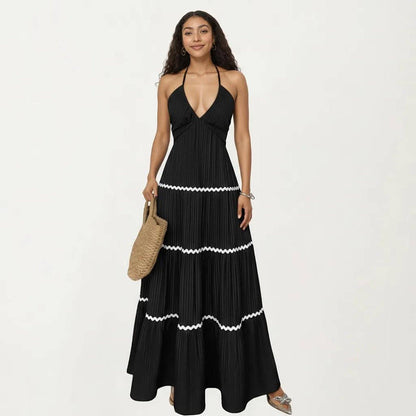 Halter Neck Maxi Dress with Pleated Skirt and Tiered Trim Detail