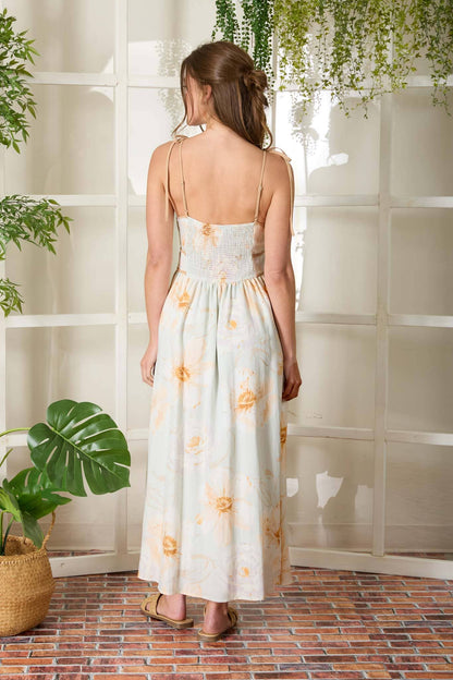 WATERCOLOR FLORAL SPAGHETTI TIE STRAP MIDI DRESS